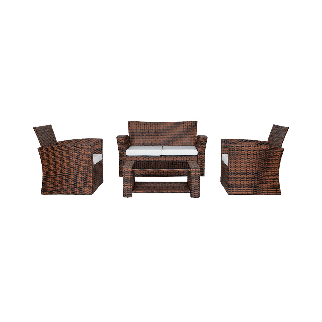 Coastal 4-Piece set Brown color base Outdoor / Patio Wicker Rattan Conversation Sofa set with cushions and a Coffee table ( 4 seater )
