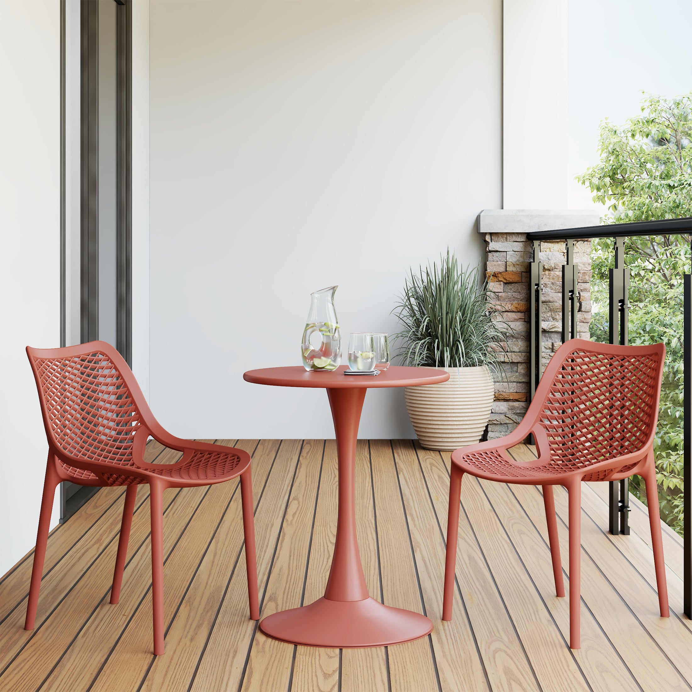 Playa 3-Piece Outdoor Round Metal Dining Table Set And Stackable Resin Patio Dining Side Chairs