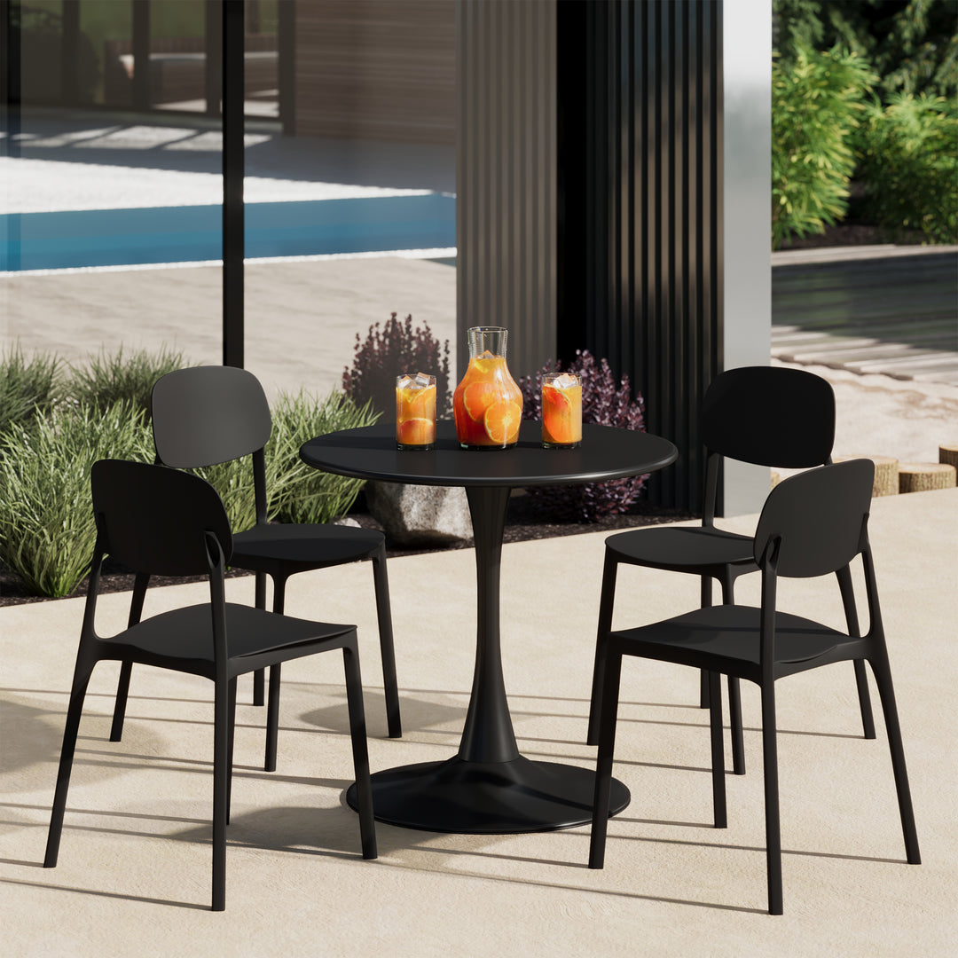 Playa 5-Piece Indoor Outdoor Metal Round Patio Dining Table Set With Stackable Resin Patio Side Chairs