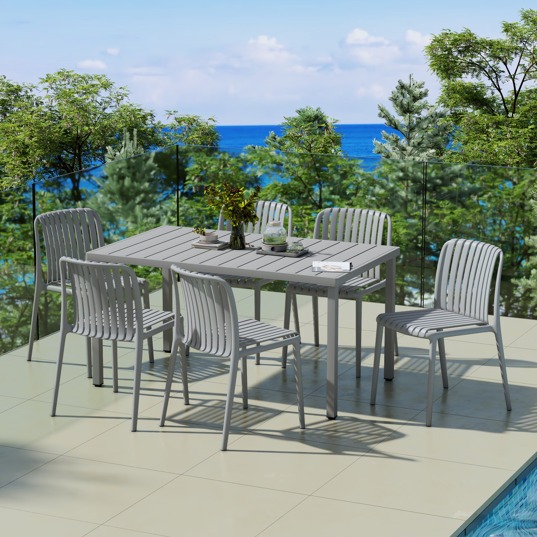 Playa 7-Piece Outdoor Patio Dining Table Set With Stackable Patio Chairs