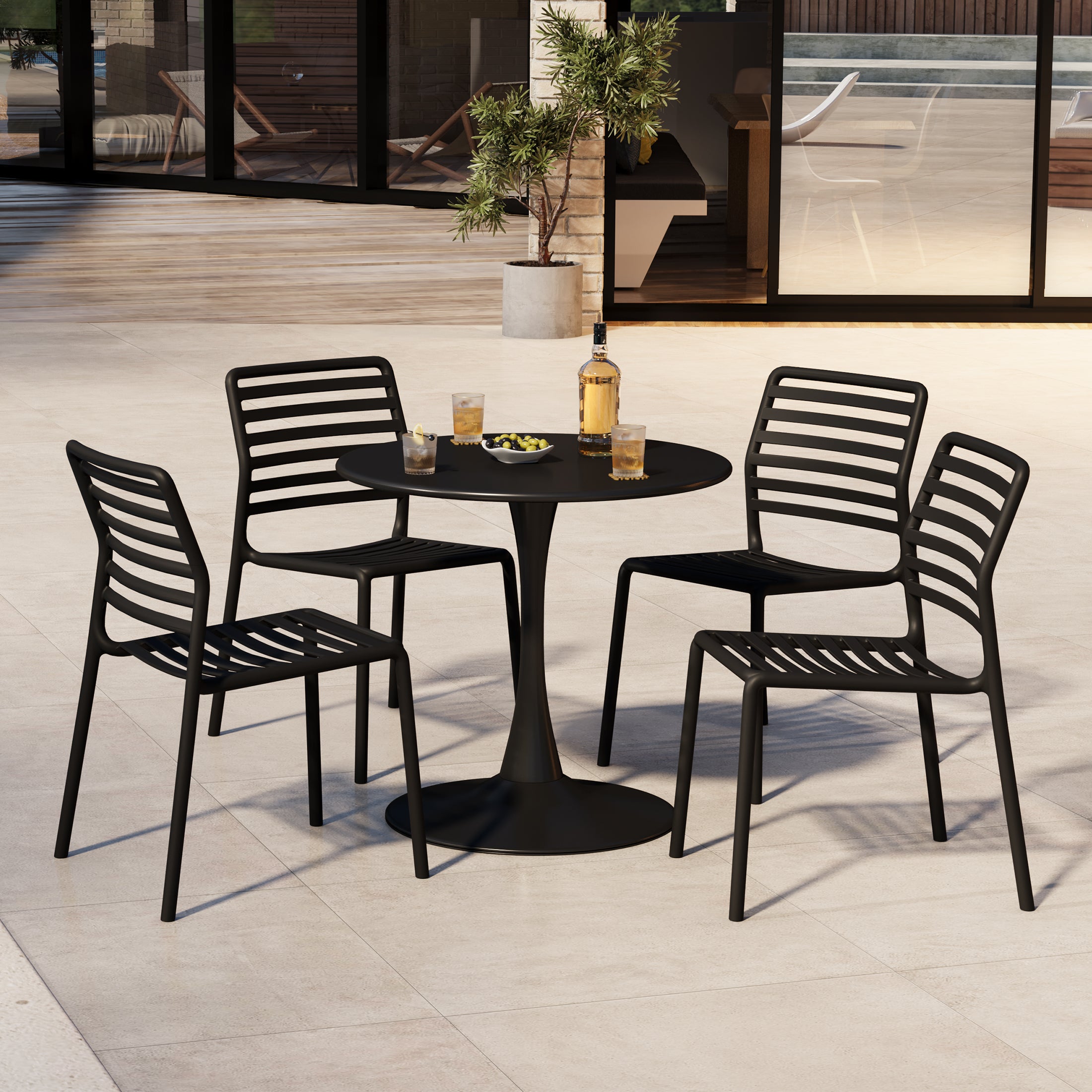 Playa 5-Piece Outdoor Indoor Metal Patio Dining Table Set With Stackable Plastic Patio Side Chairs