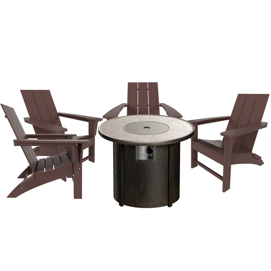 Ashore Modern Folding Poly Adirondack Chair With Round Fire Pit Table