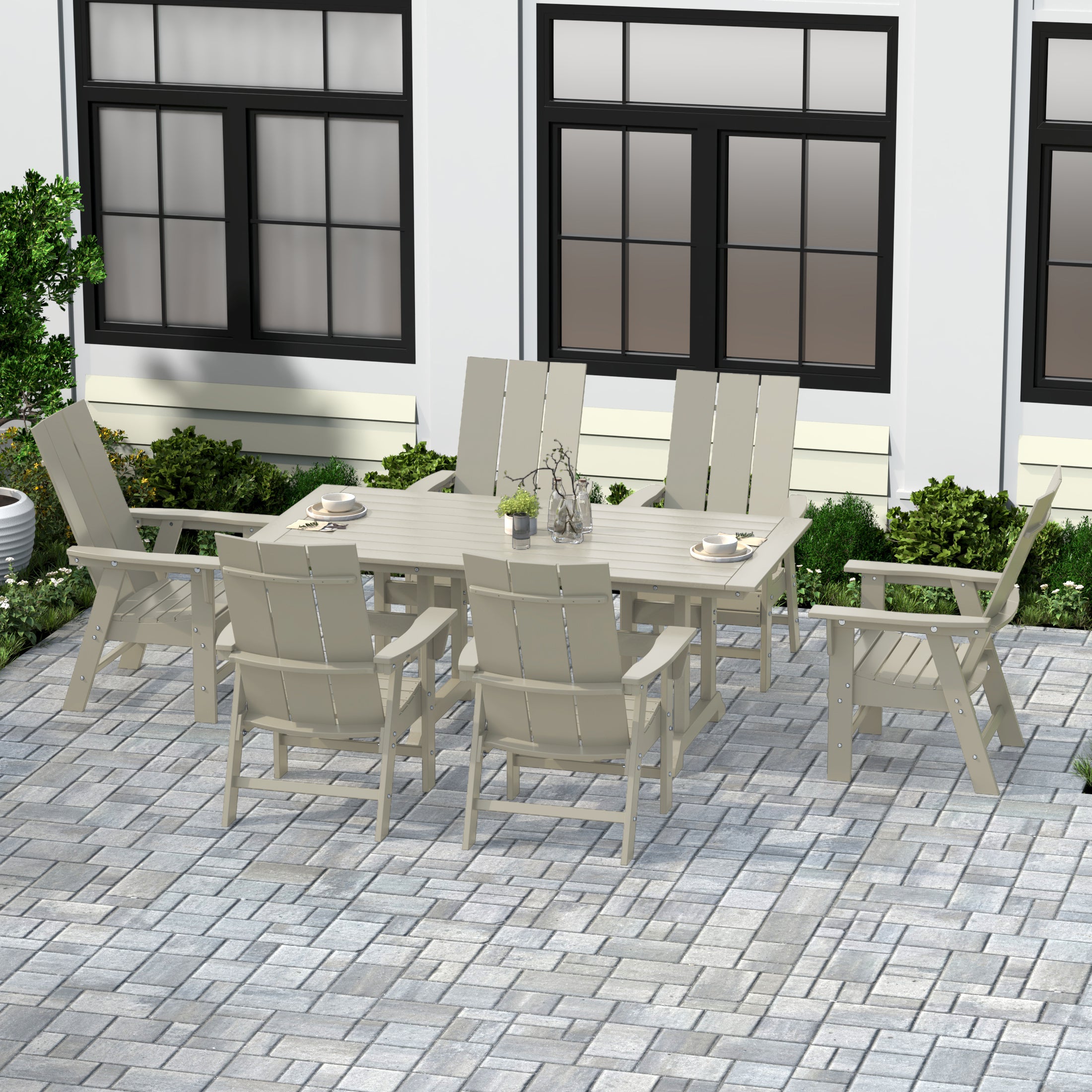 Ashore 7 Piece Outdoor Patio Dining Table and Modern Adirondack Armchair Set