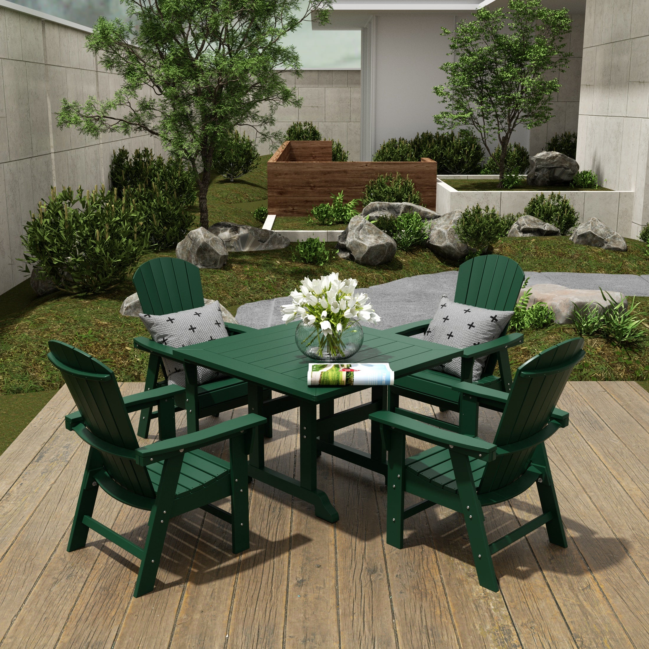 Dylan 5 Piece Outdoor Patio Dining Square Table and Shell Back Armchair Set
