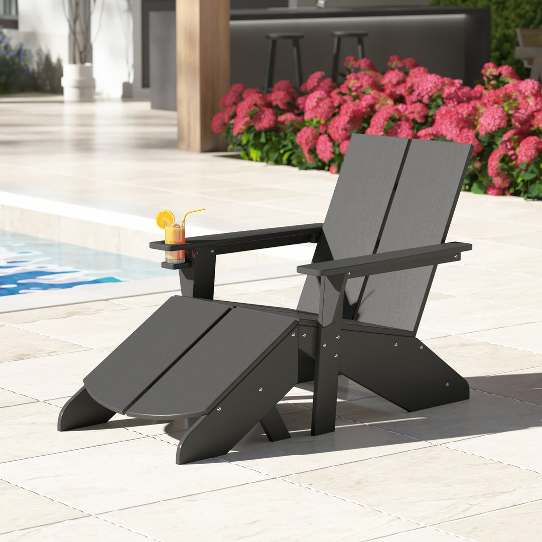 Riviera Outdoor HDPE Modern Adirondack Chair with Folding Patio Ottoman and Cup Holder