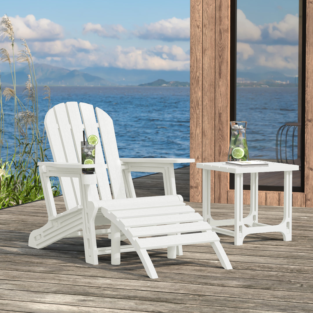 Azura 3-Piece HDPE Outdoor Patio Adirondack Chair with Ottoman and 18" Side Table Set