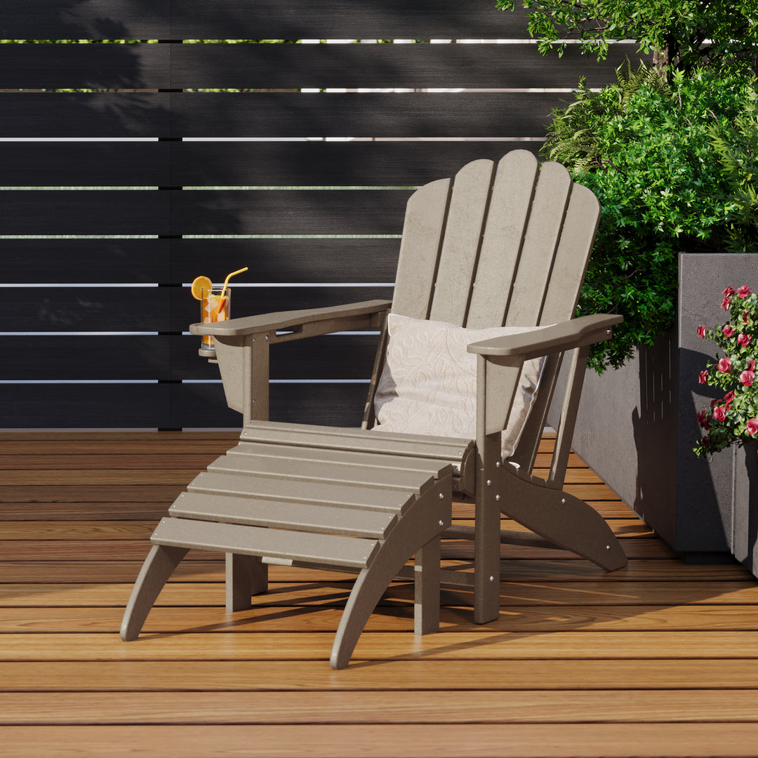 Highland 2-Piece Outdoor Patio HDPE Adirondack Chair With Ottoman and Cup Holder Set