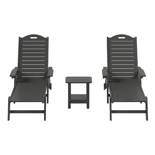 Aruba 3-Piece Outdoor Patio Chaise Lounge Chair with Wheels & Cup Holder with Patio Side Table