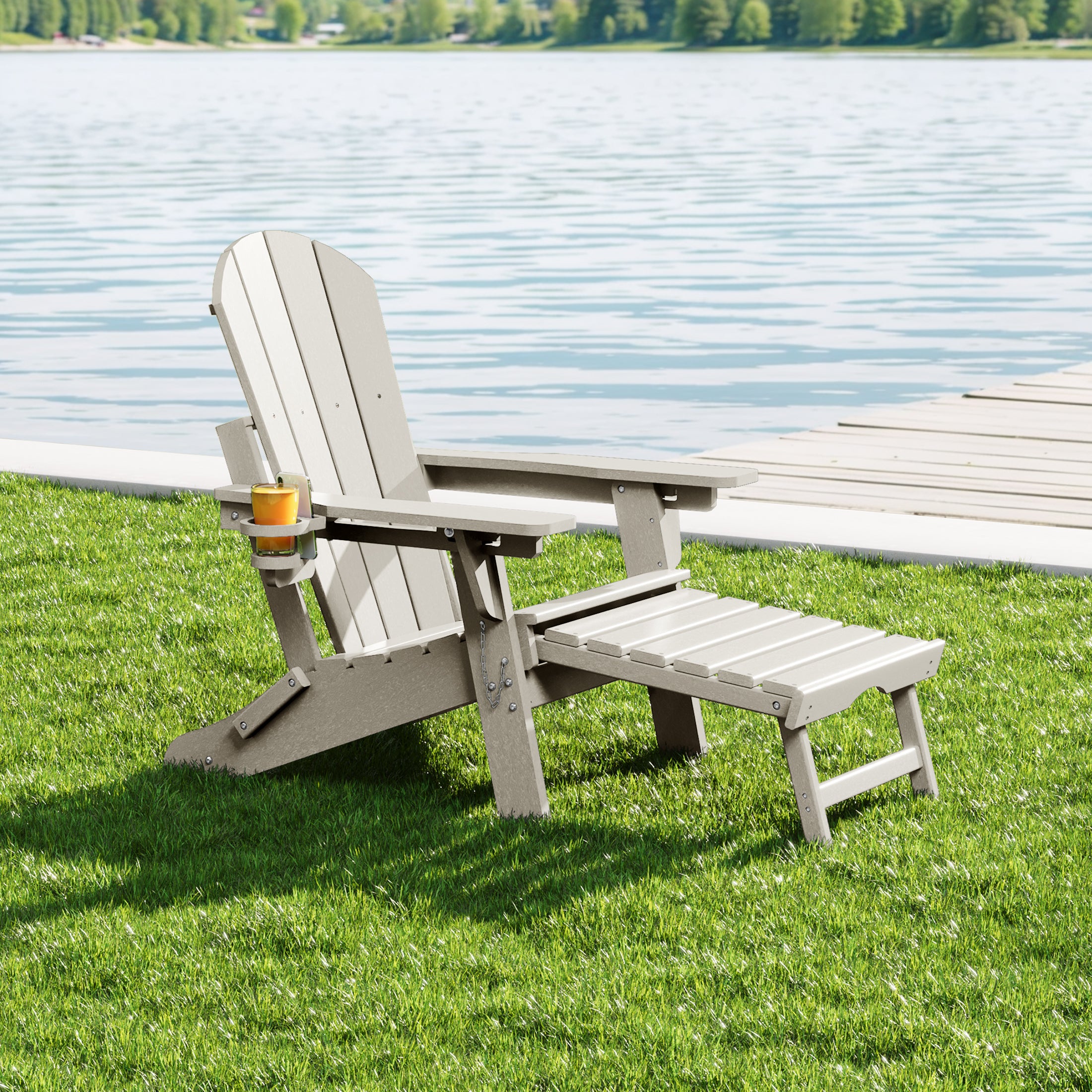 Malibu Folding Adjustable Adirondack Chair with Retractable Ottoman and Cup Holder