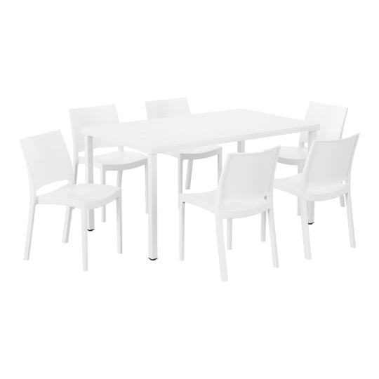 Playa 7-Piece Outdoor Rectangular Metal Patio Dining Table Set With Stackable Resin Patio Side Chairs