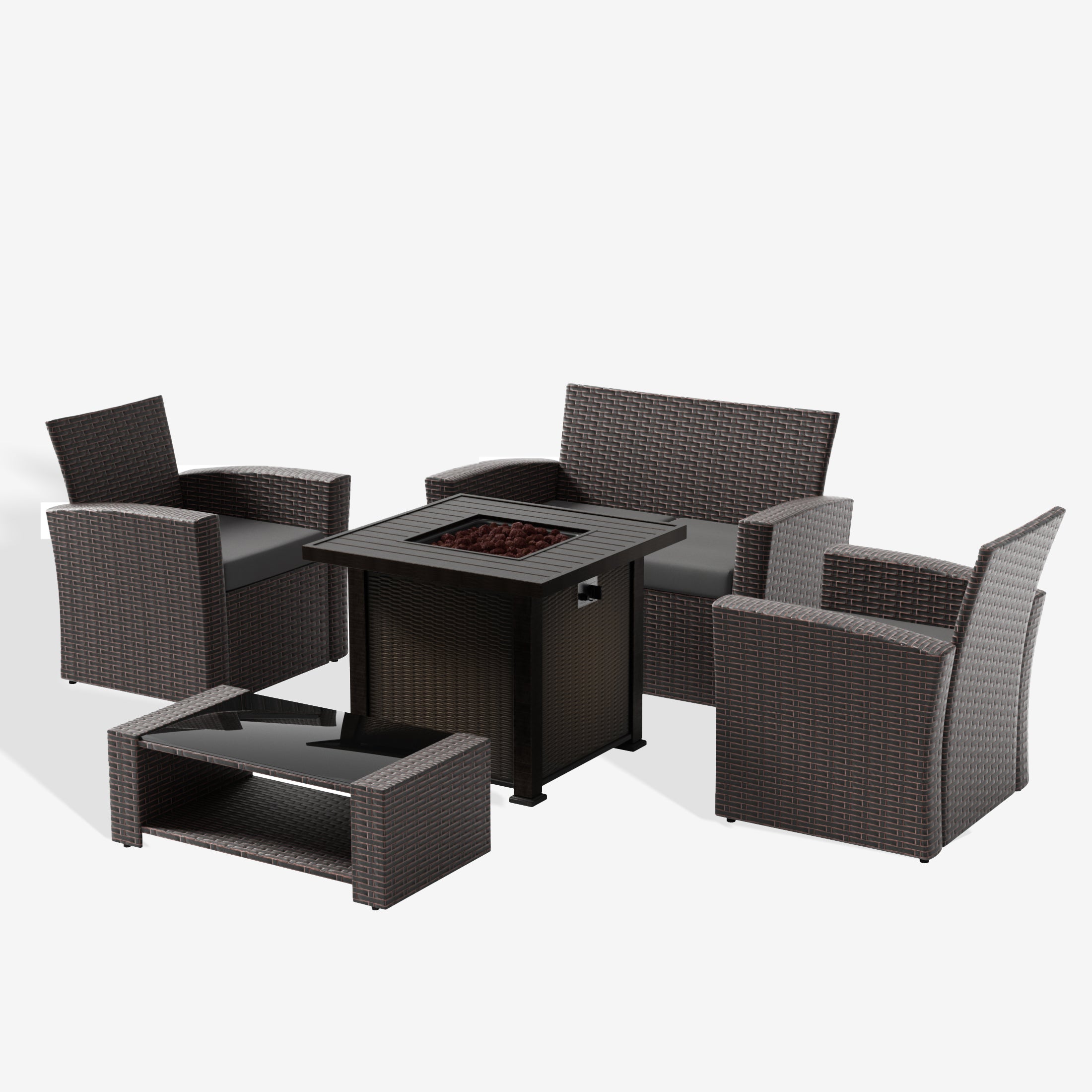 Coastal 4-Piece Conversation Outdoor Patio Sofa Set with Square Fire Pit Table, Chocolate