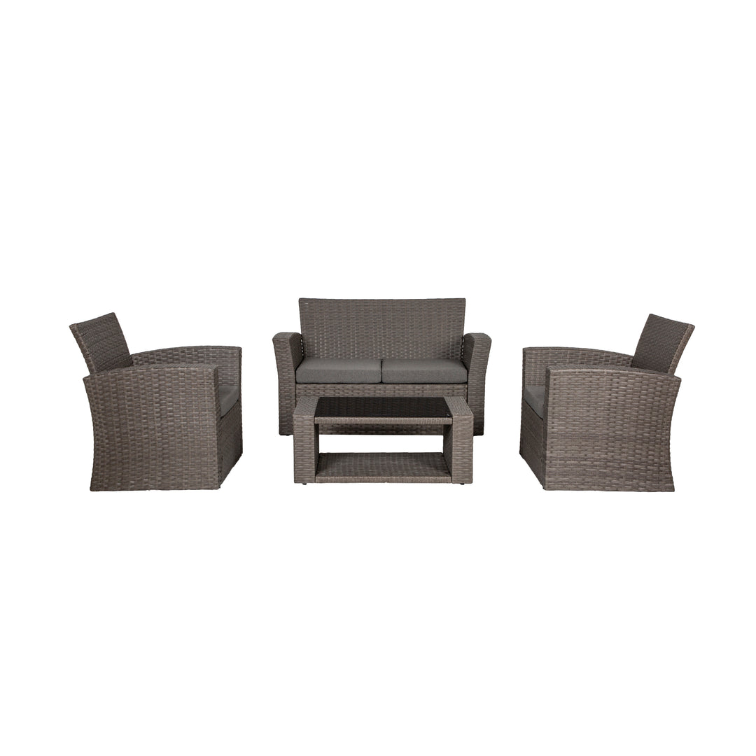 Coastal 4-Piece set Gray color base Outdoor / Patio Wicker Rattan Conversation Sofa set with cushions and a Coffee table ( 4 seater )