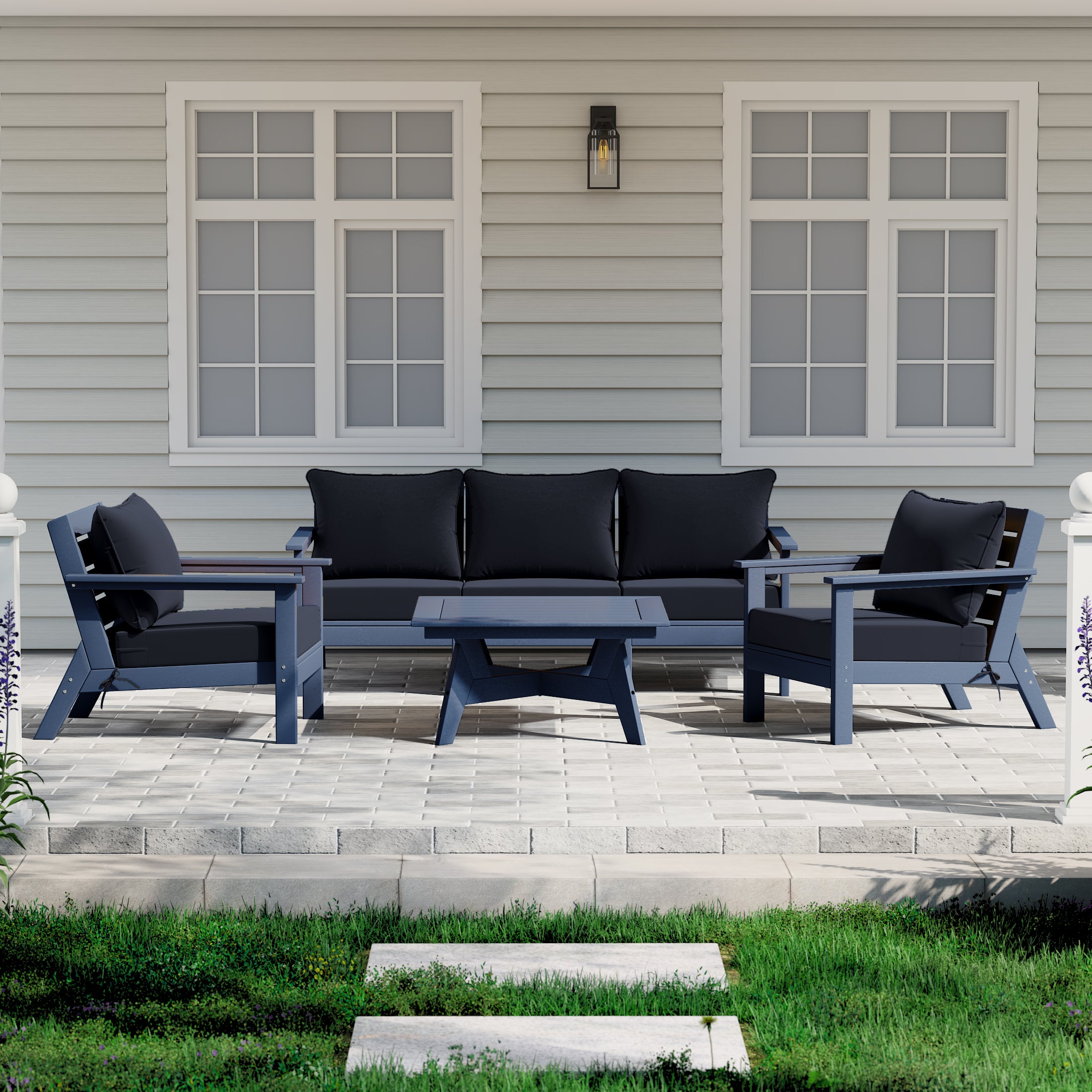 Avalon Outdoor 6-Piece Modular Sectional Patio Furniture Sofa Set in Navy Blue Frame
