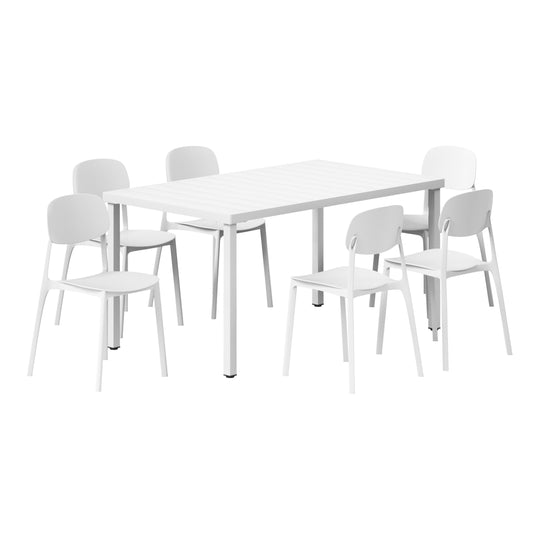 Playa 7-Piece Outdoor Rectangular Metal Patio Dining Table Set With Mid-Century Modern Stackable Patio Side Chairs