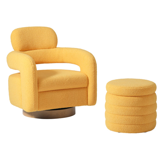 Alexandria Mid-Century Modern Sherpa Swivel Barrel Accent Chair With Storage Ottoman