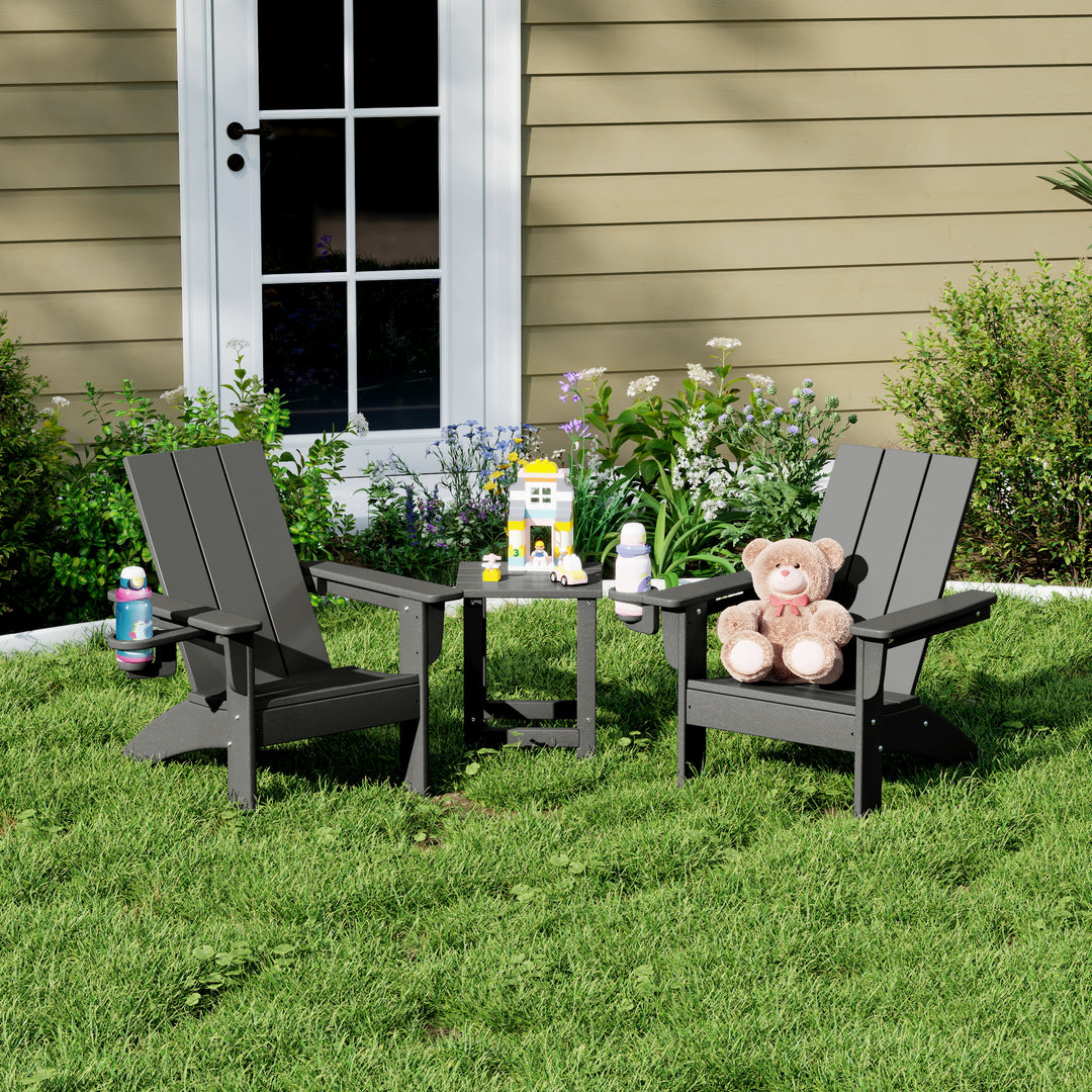 Ashore 3-Piece Kids HDPE Modern Adirondack Chairs Set with Square Side Table and Cup Holders