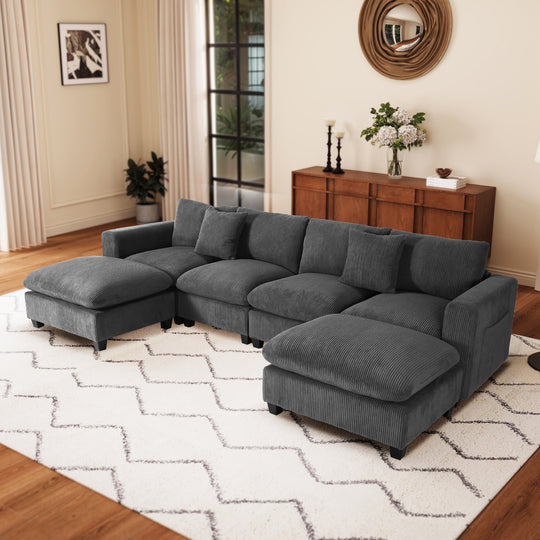 Hearthside 128" Corduroy Modular U-Shaped Sectional Couch and Chaise With USB/Type-C Ports and Side Pockets