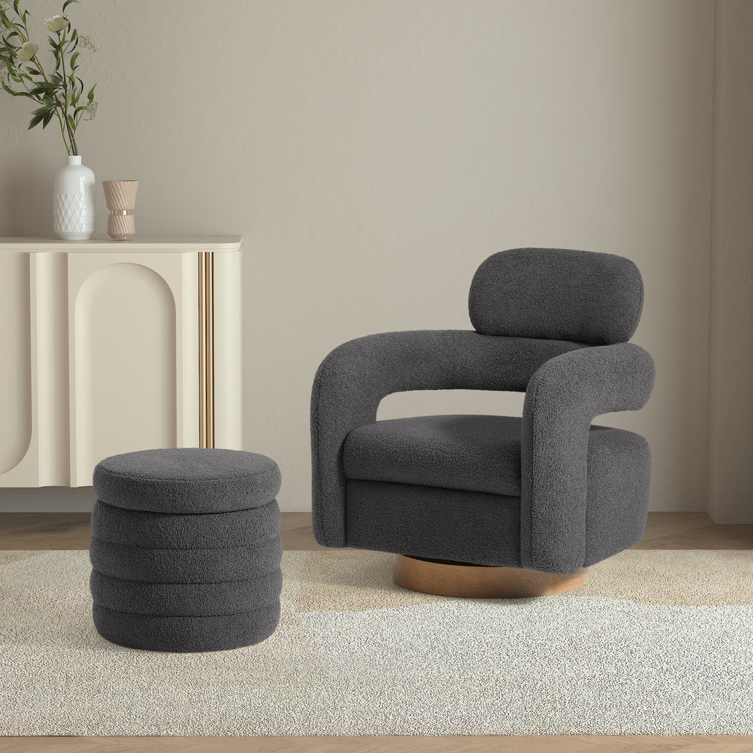 Alexandria Mid-Century Modern Sherpa Swivel Barrel Accent Chair With Storage Ottoman
