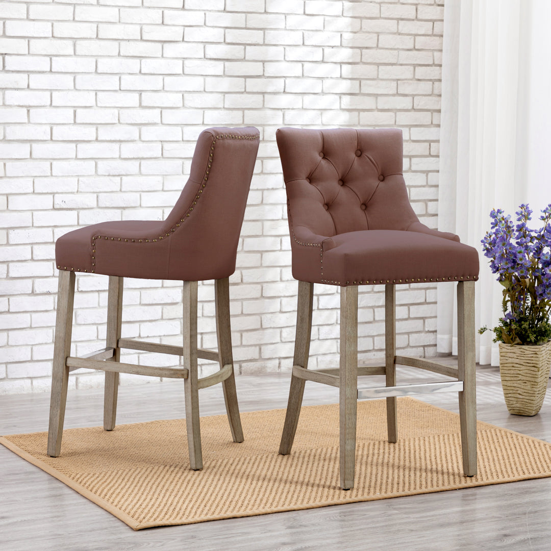 Hayes 29" Upholstered Tufted Wood Bar Stool (Set of 2), Antique Gray