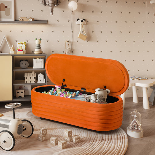 Phoebe 54" Wide Mid-Century Modern Upholstered Velvet Tufted Oval Storage Ottoman Bench