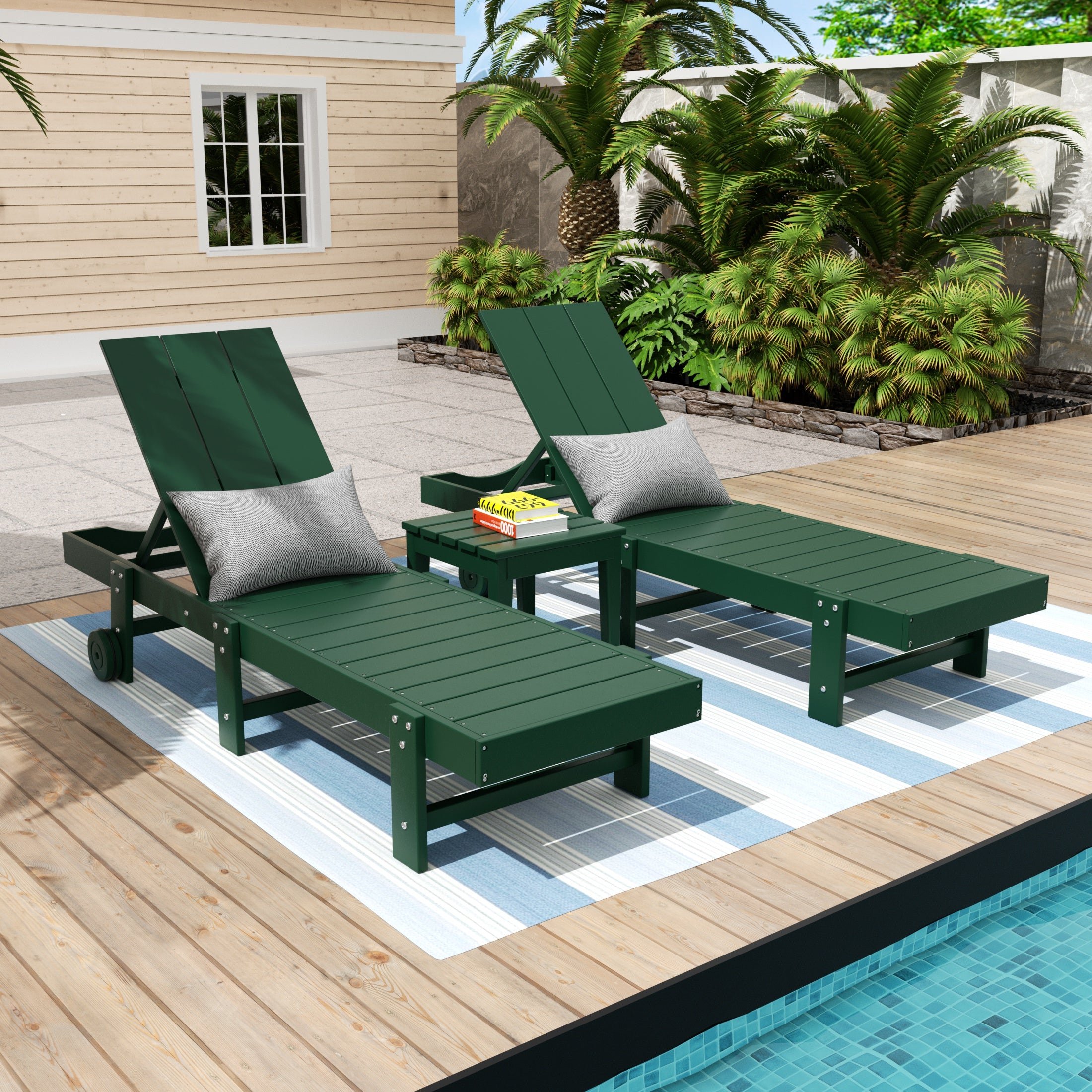 Ashore 3 Piece Modern Poly Reclining Chaise Lounge With Wheels