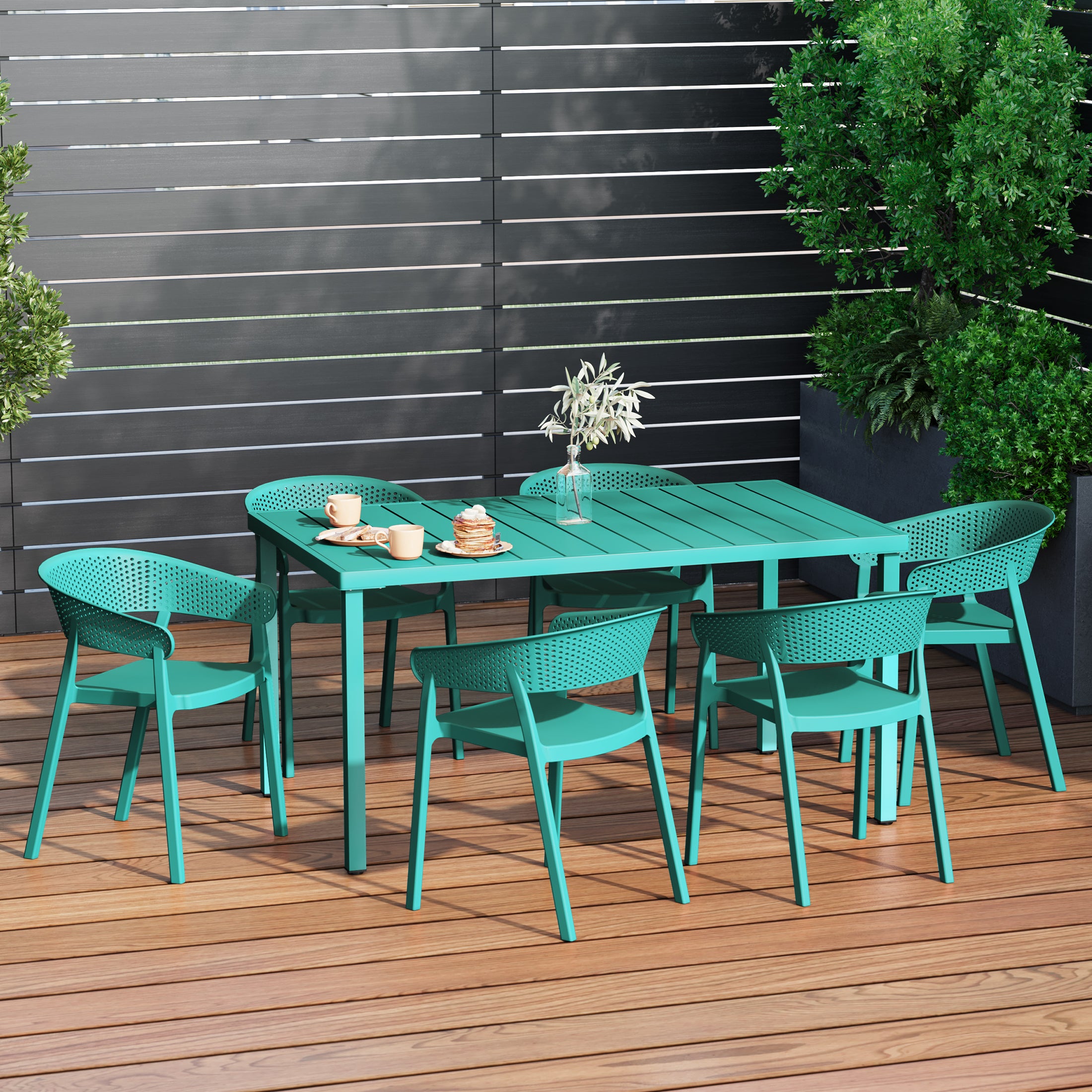 Playa 7-Piece Outdoor Metal Rectangle Patio Dining Table Set With Stackable Patio Dining Chairs