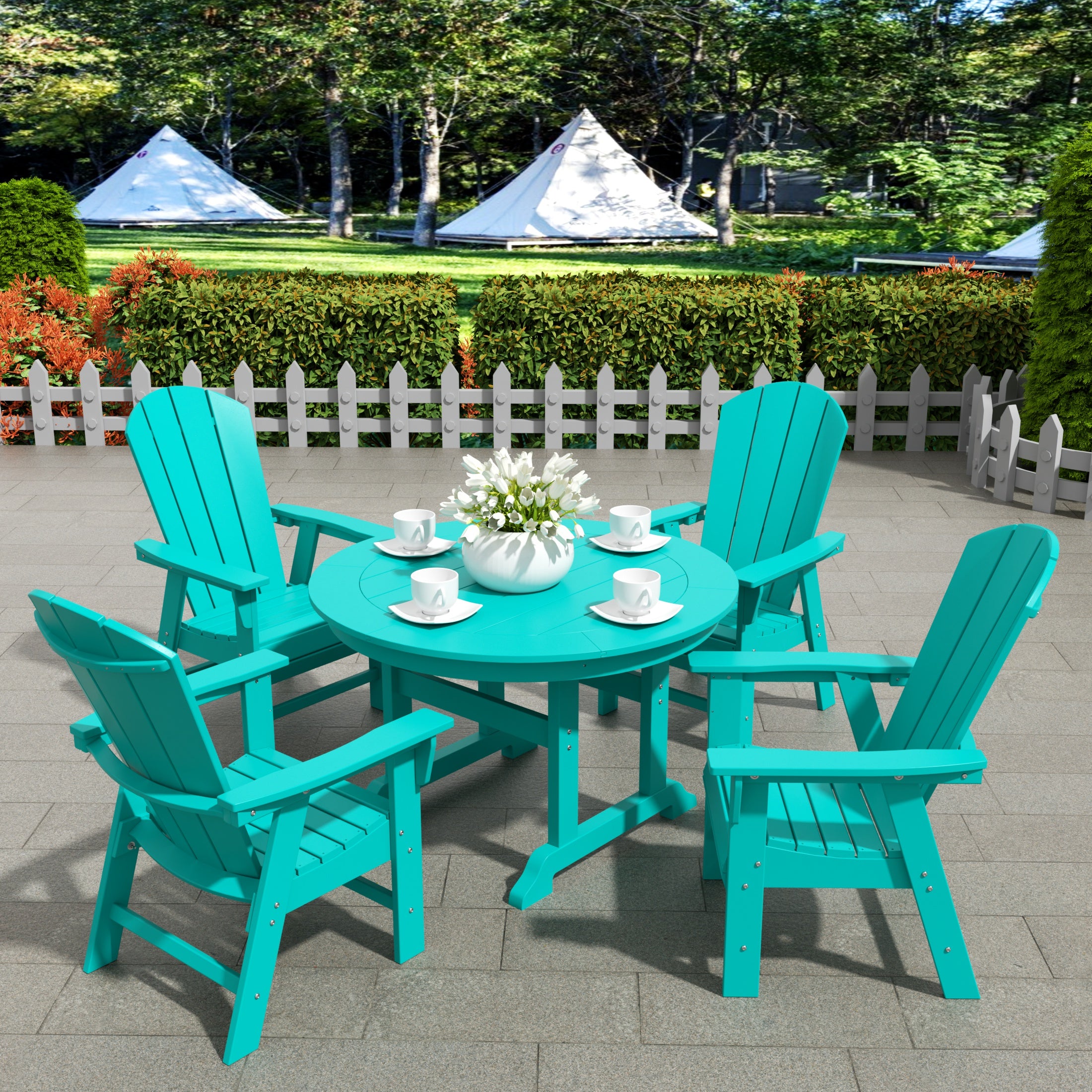 Malibu 5 Piece Outdoor Patio Dining Round Table and Curved Back Armchair Set