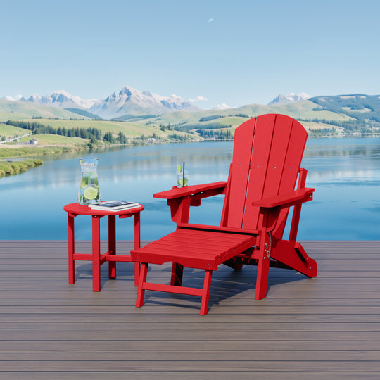 Malibu 2-Piece Outdoor Folding Adjustable Adirondack Chair with Cup Holder & Hideaway Ottoman and 18" Side Table