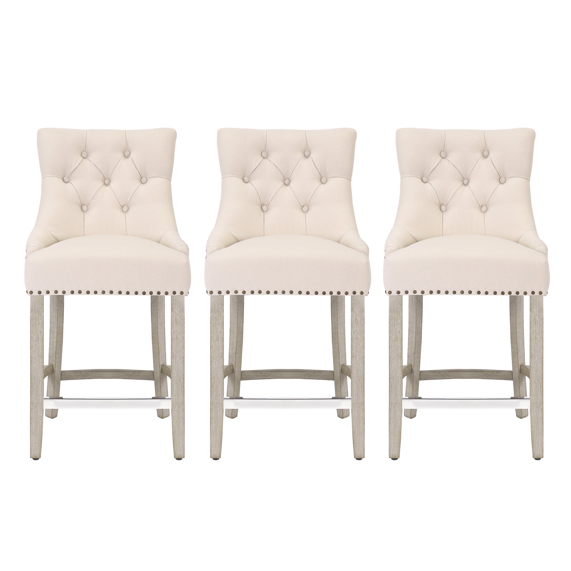 Hayes 24" Upholstered Wood Bar Stool with Tufted Back (Set of 3)