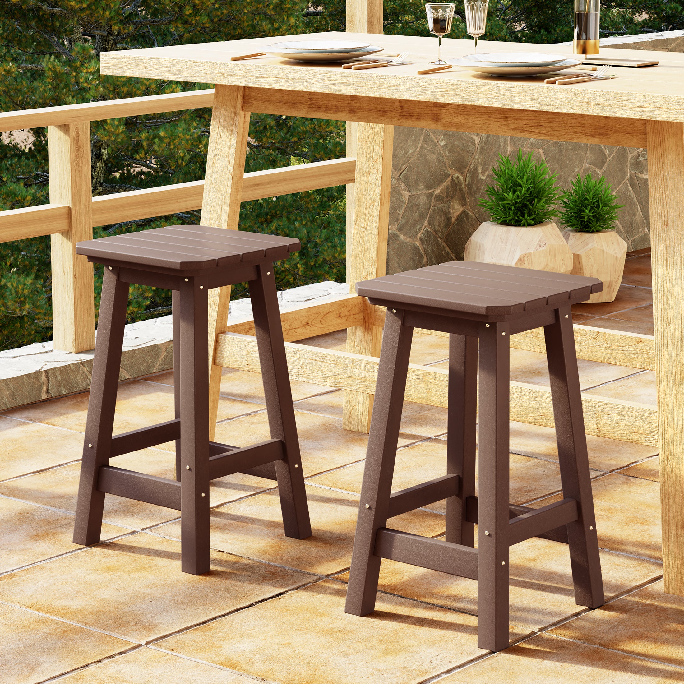 Malibu 24" HDPE Outdoor Patio Counter High Backless Square Bar Stools Set of 2