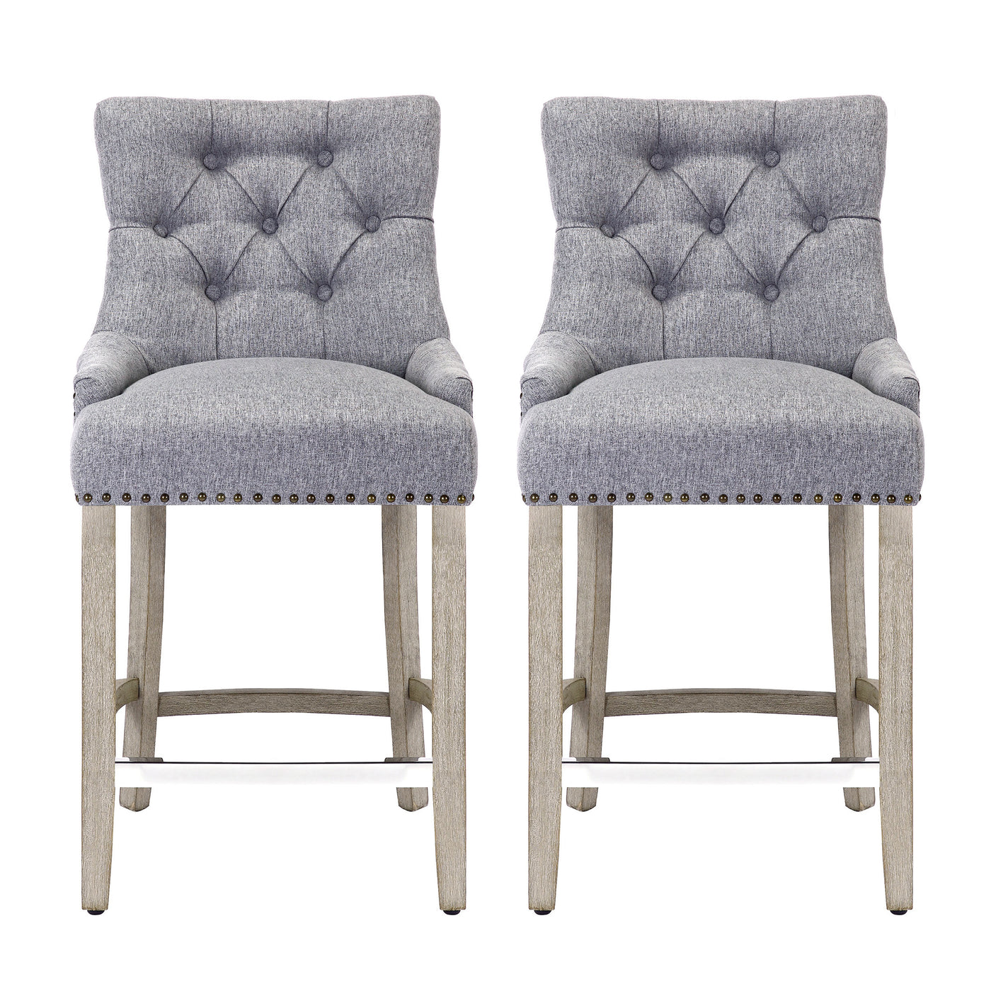Hayes 24" Upholstered Tufted Wood Bar Stool (Set of 2), Antique Gray