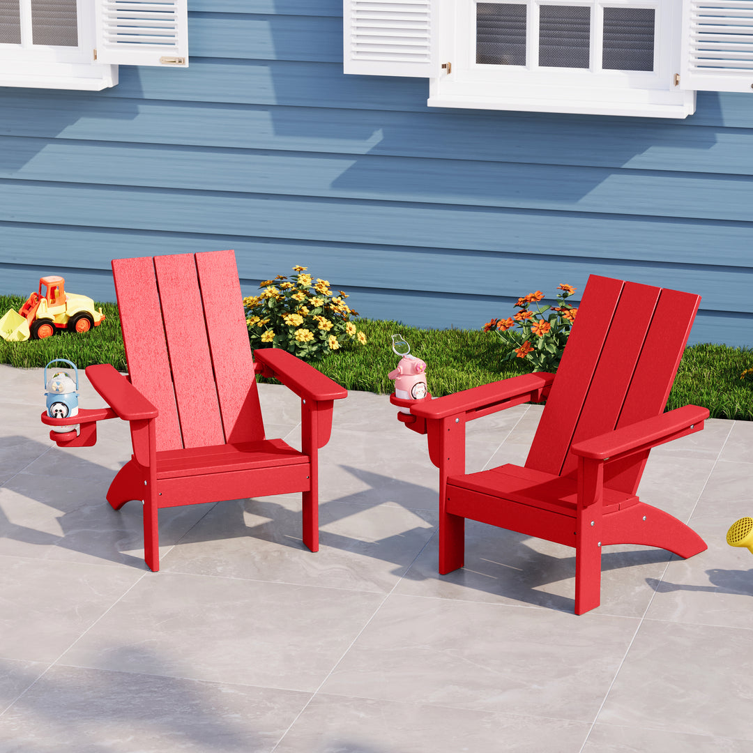 Ashore Kids Outdoor HDPE Plastic Modern Adirondack Patio Chairs with Cup Holders (Set of 2)