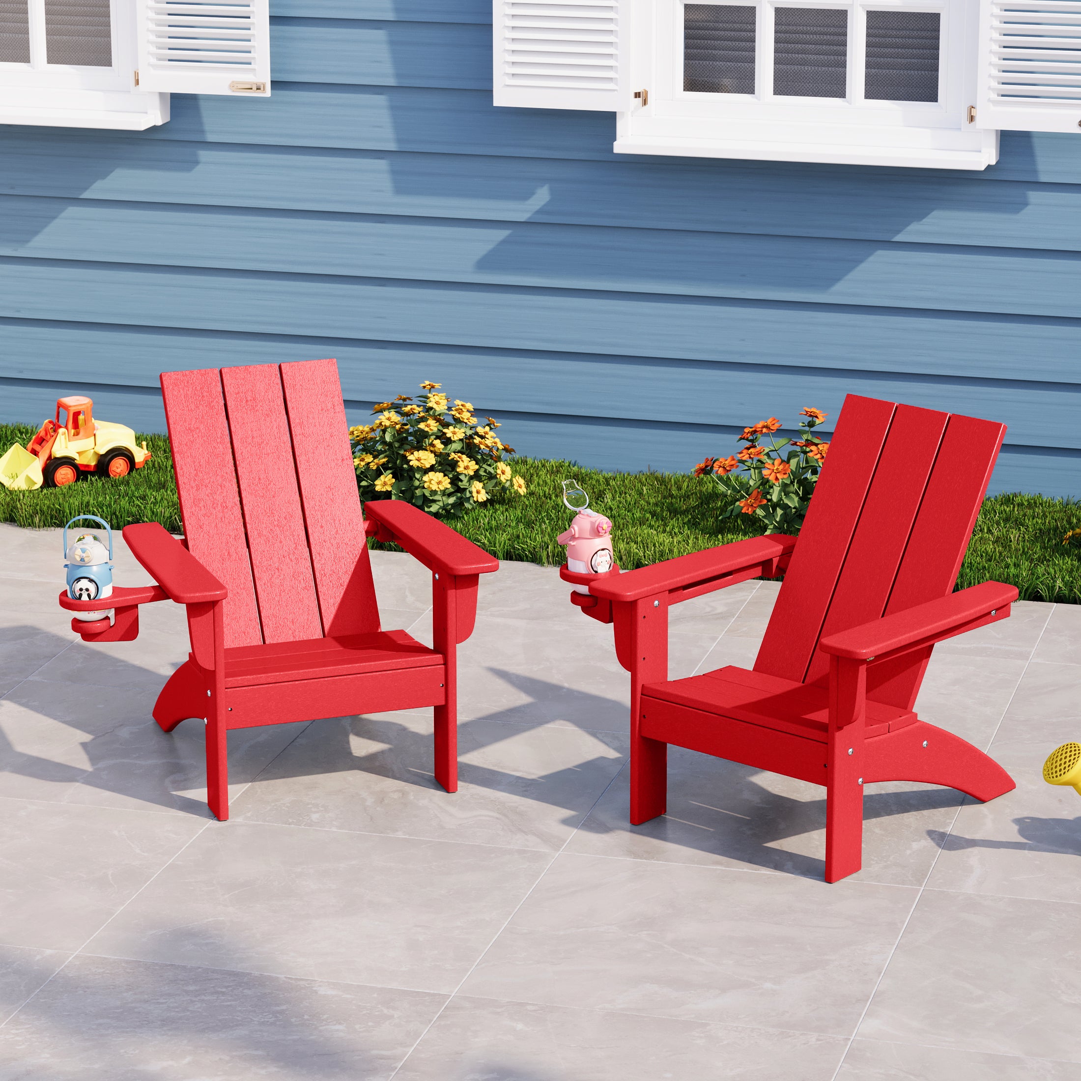 Ashore Kids Outdoor HDPE Plastic Modern Adirondack Patio Chairs with Cup Holders (Set of 2)
