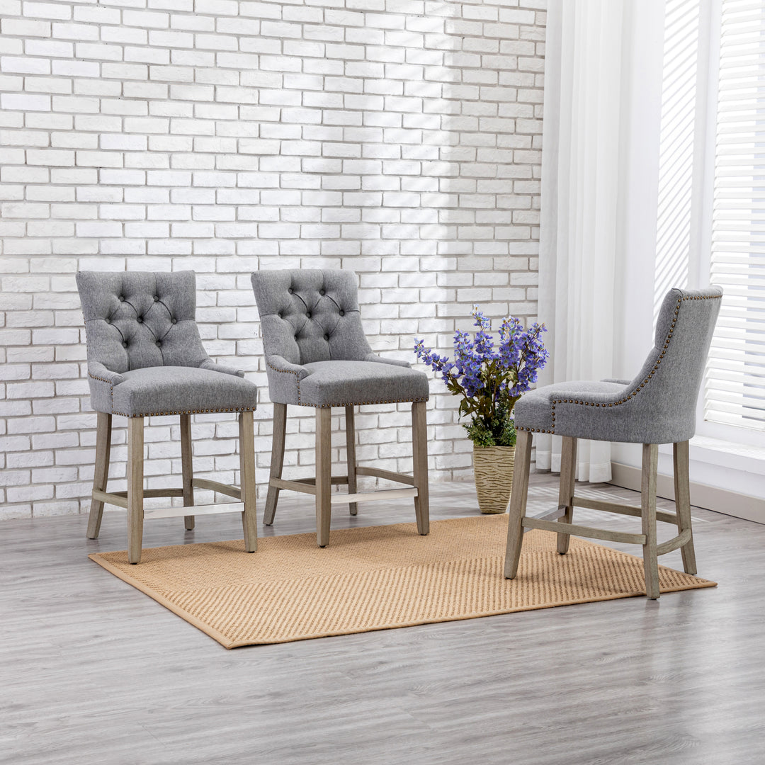 Hayes 24" Upholstered Tufted Wood Bar Stool (Set of 3), Antique Gray