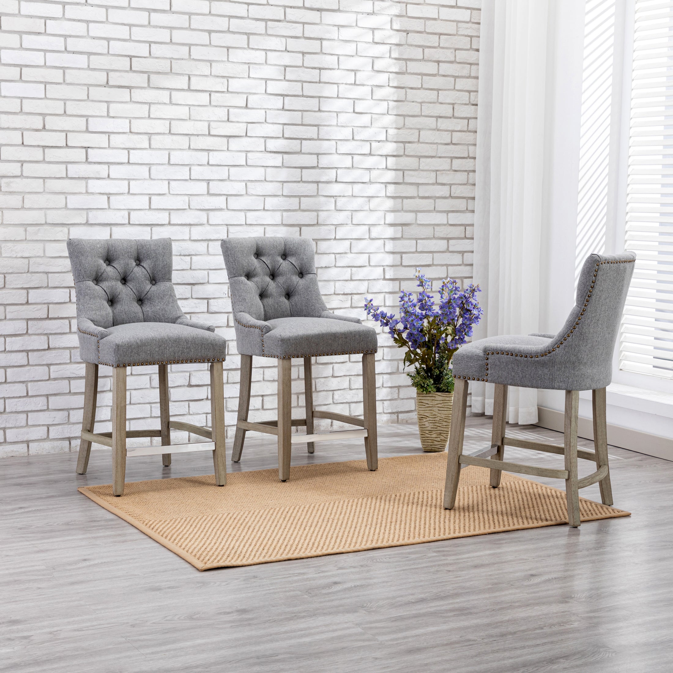Hayes 24" Upholstered Wood Bar Stool with Tufted Back (Set of 3)