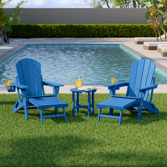 Malibu 3-Piece Outdoor Folding Adjustable Adirondack Chair with Cup Holder & Hideaway Ottoman and 18" Side Table
