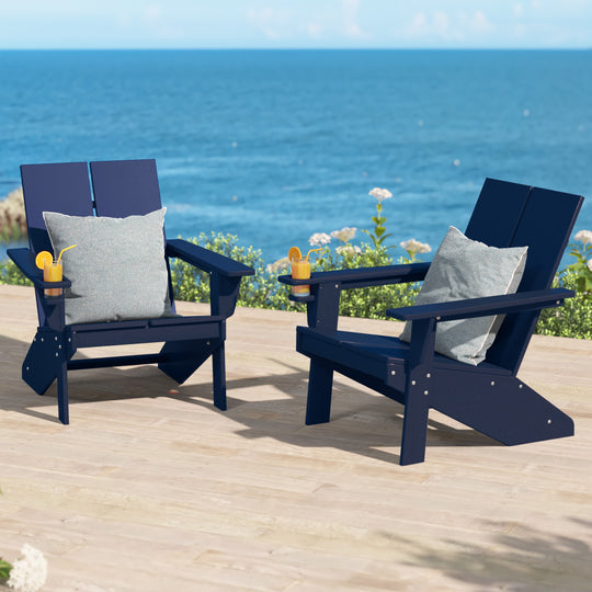 Riviera Outdoor HDPE Modern Adirondack Chair with Cup Holder (Set of 2)