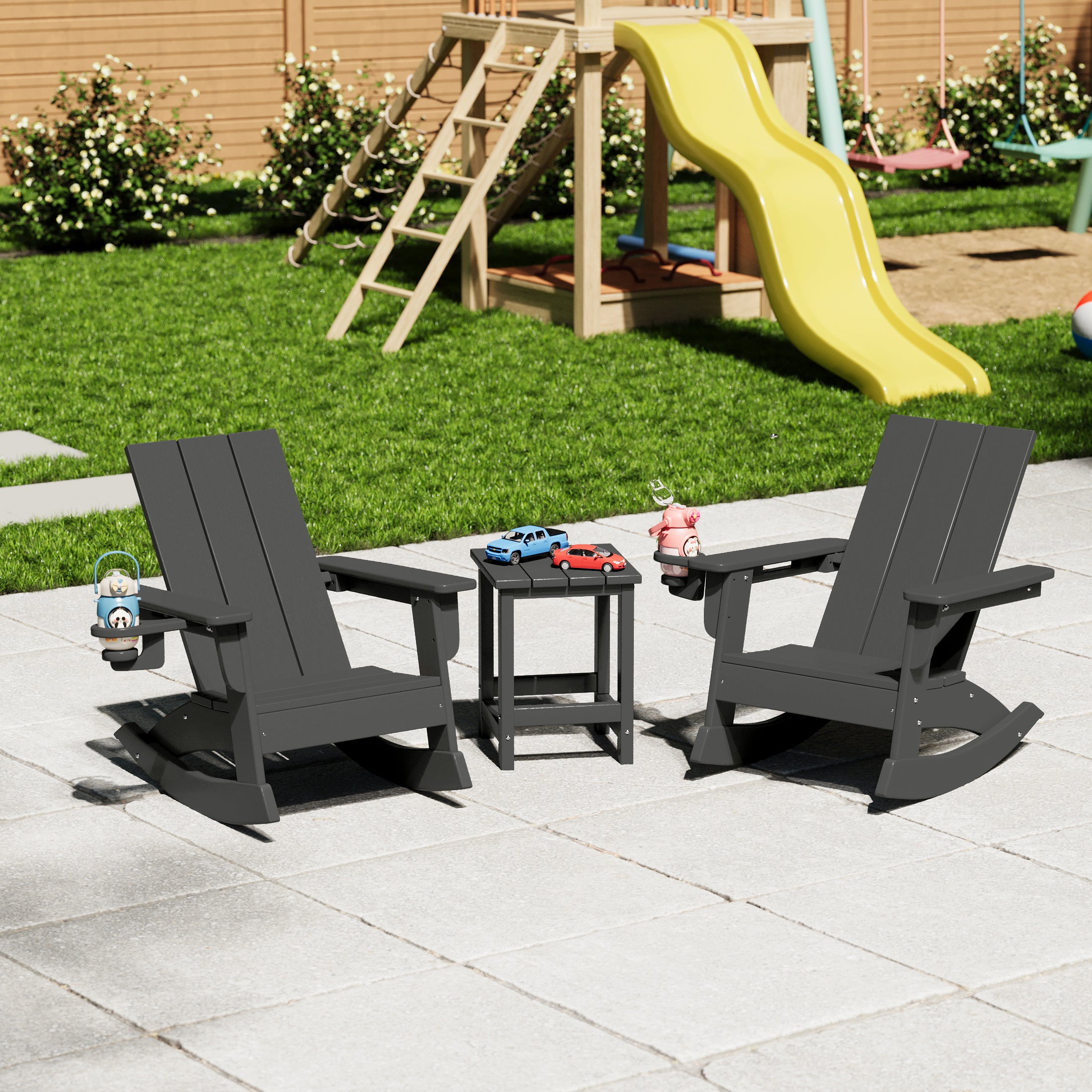 Ashore 3-Piece Kids Modern Rocking Chair With Cup Holder and Square Side Table Set