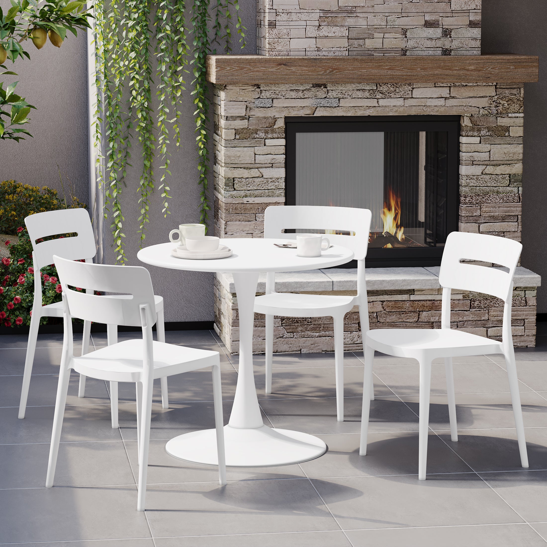 Playa 5-Piece Outdoor Indoor Round Metal Patio Dining Table Set With Stackable Patio Chairs