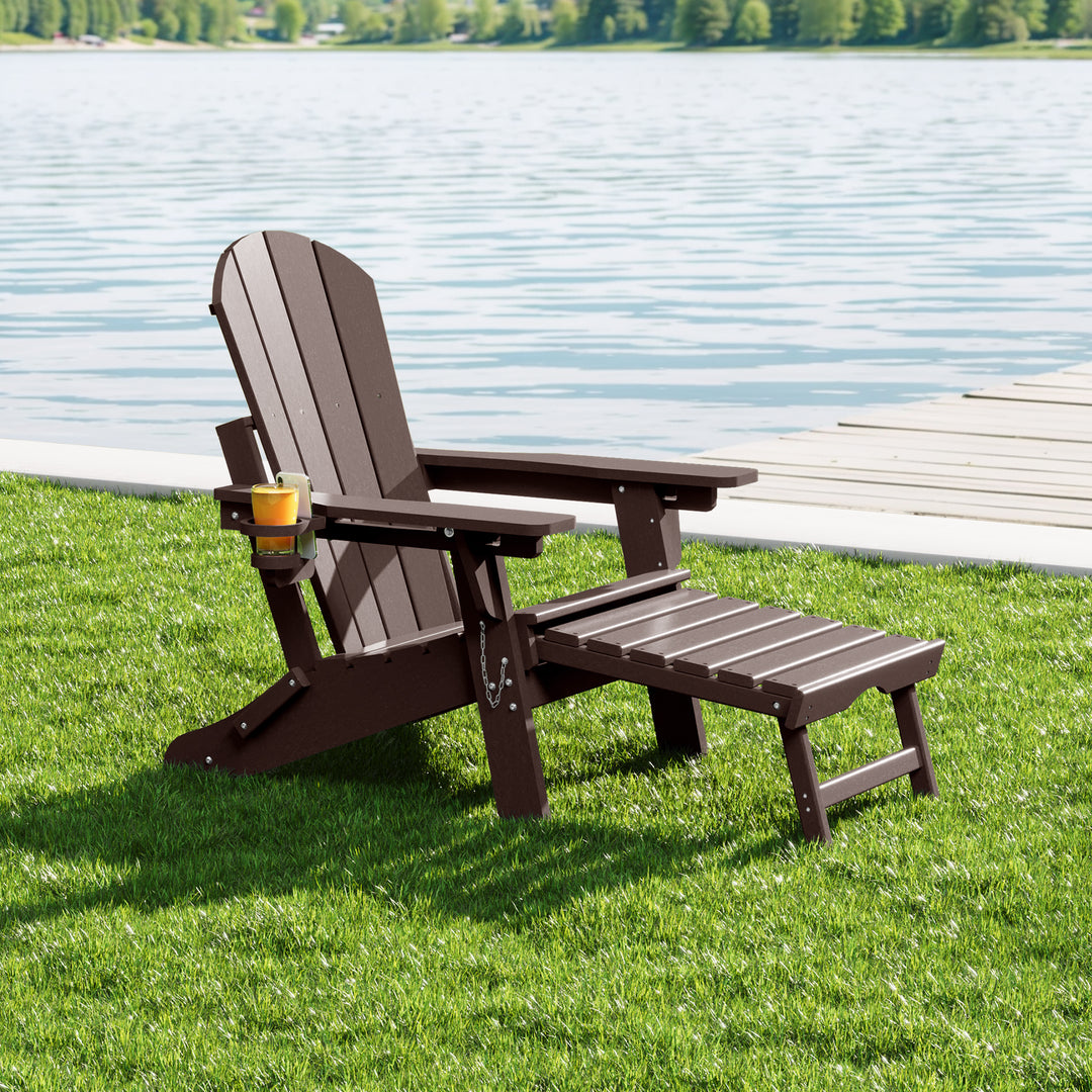 Malibu Folding Adjustable Adirondack Chair with Retractable Ottoman and Cup Holder
