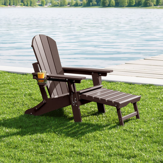Malibu Folding Adjustable Adirondack Chair with Retractable Ottoman and Cup Holder