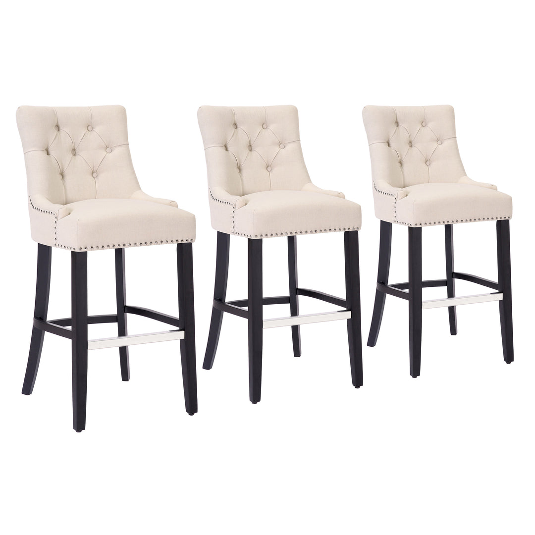 Hayes 29" Upholstered Tufted Wood Bar Stool (Set of 3), Black