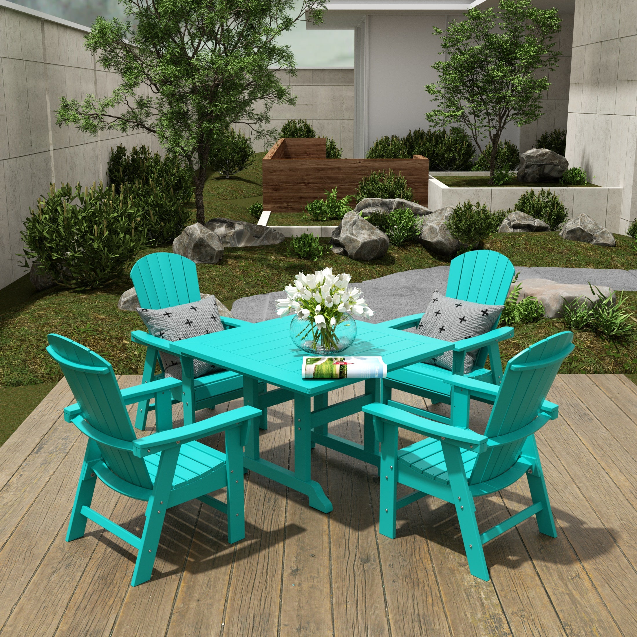Dylan 5 Piece Outdoor Patio Dining Square Table and Shell Back Armchair Set