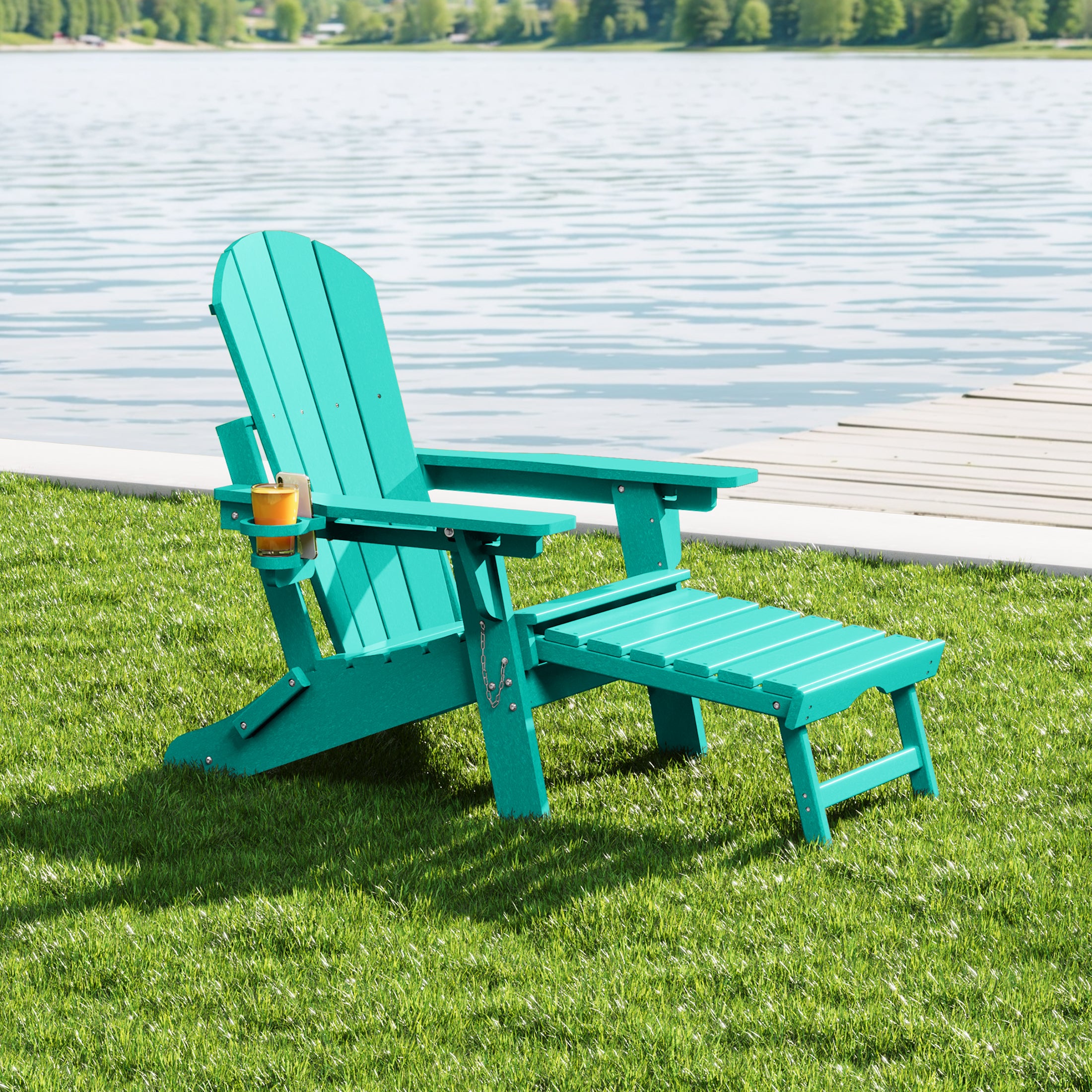 Malibu Folding Adjustable Adirondack Chair with Retractable Ottoman and Cup Holder