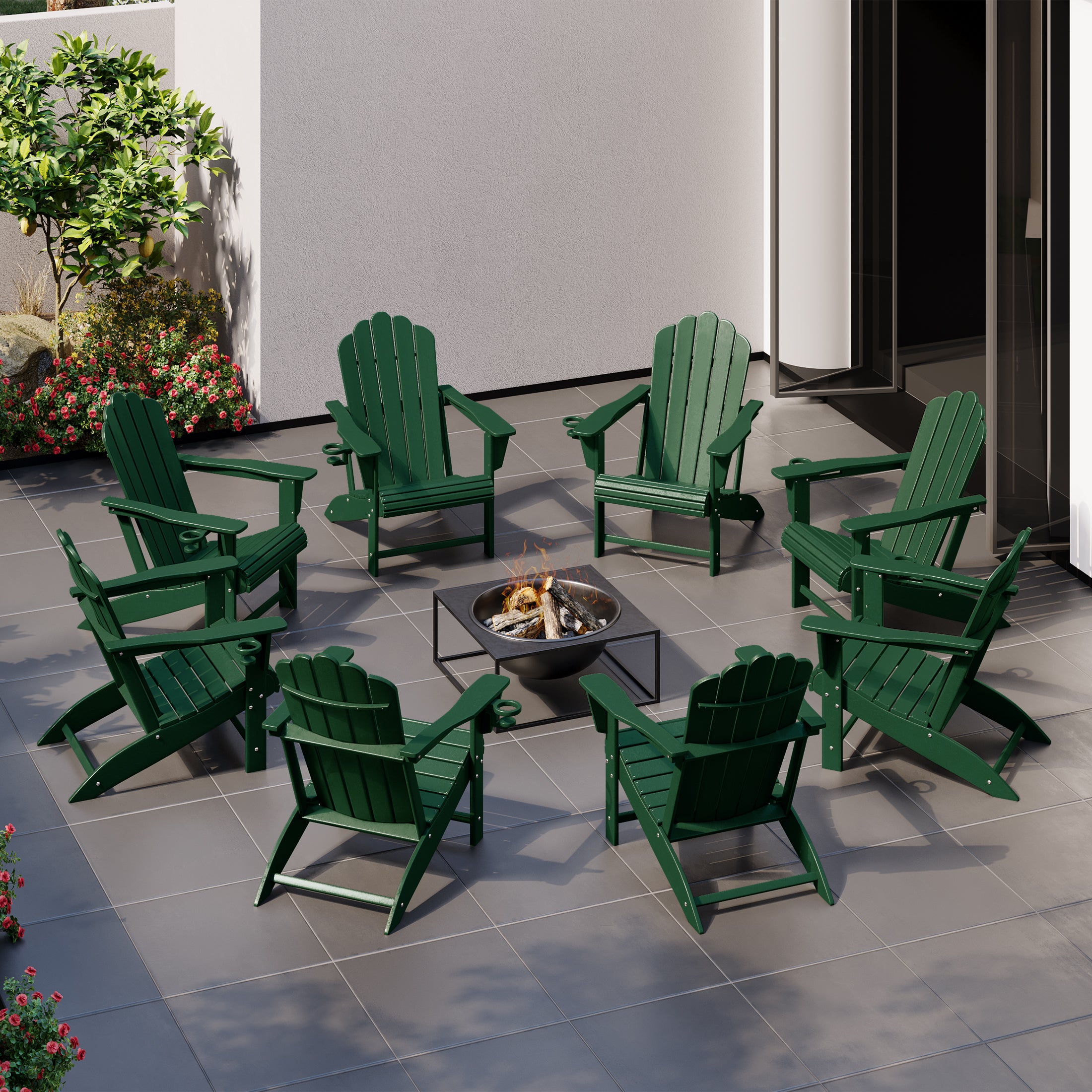 Highland Outdoor Patio HDPE Adirondack Chairs With Cup Holders (Set of 8)