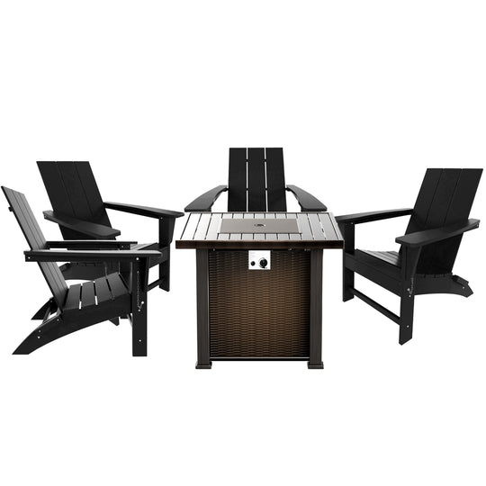 Ashore Modern Folding Poly Adirondack Chair With Square Fire Pit Table Set