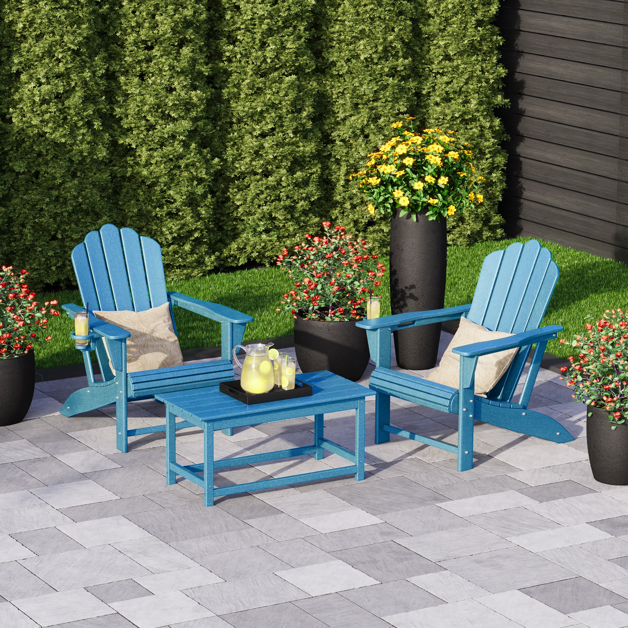 Highland 3-Piece Adirondack Chairs with Cup Holders and Coffee Table Set