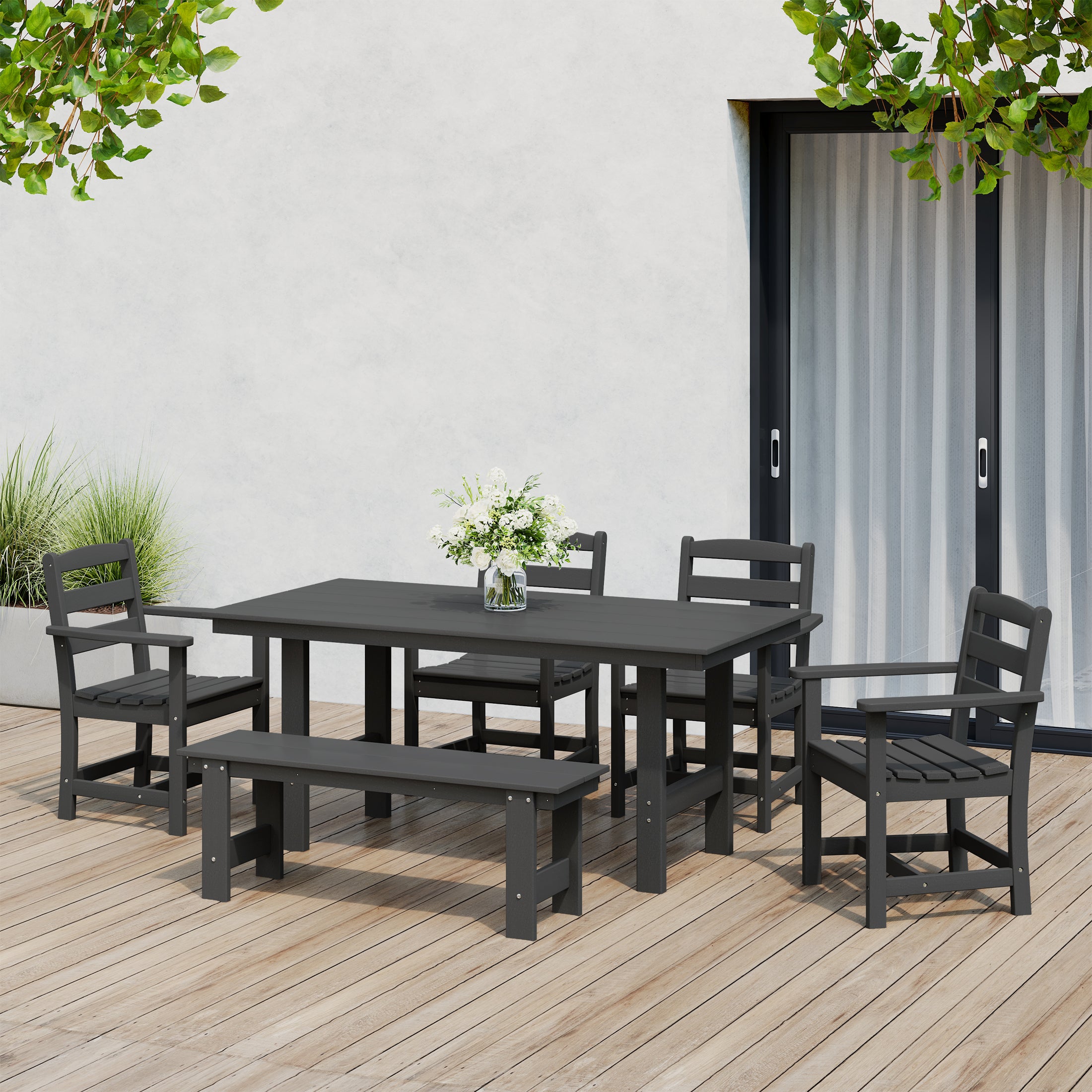 Ashore 6-Piece Outdoor HDPE Patio Dining Table Set with Bench