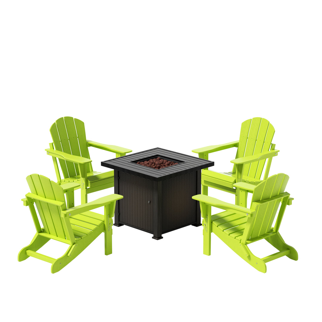 Malibu Modern Folding Poly Adirondack Chair With Square Fire Pit Table Set