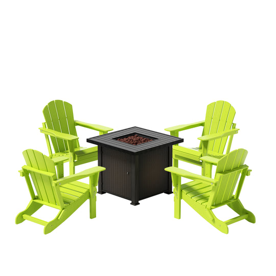 Malibu Modern Folding Poly Adirondack Chair With Square Fire Pit Table Set